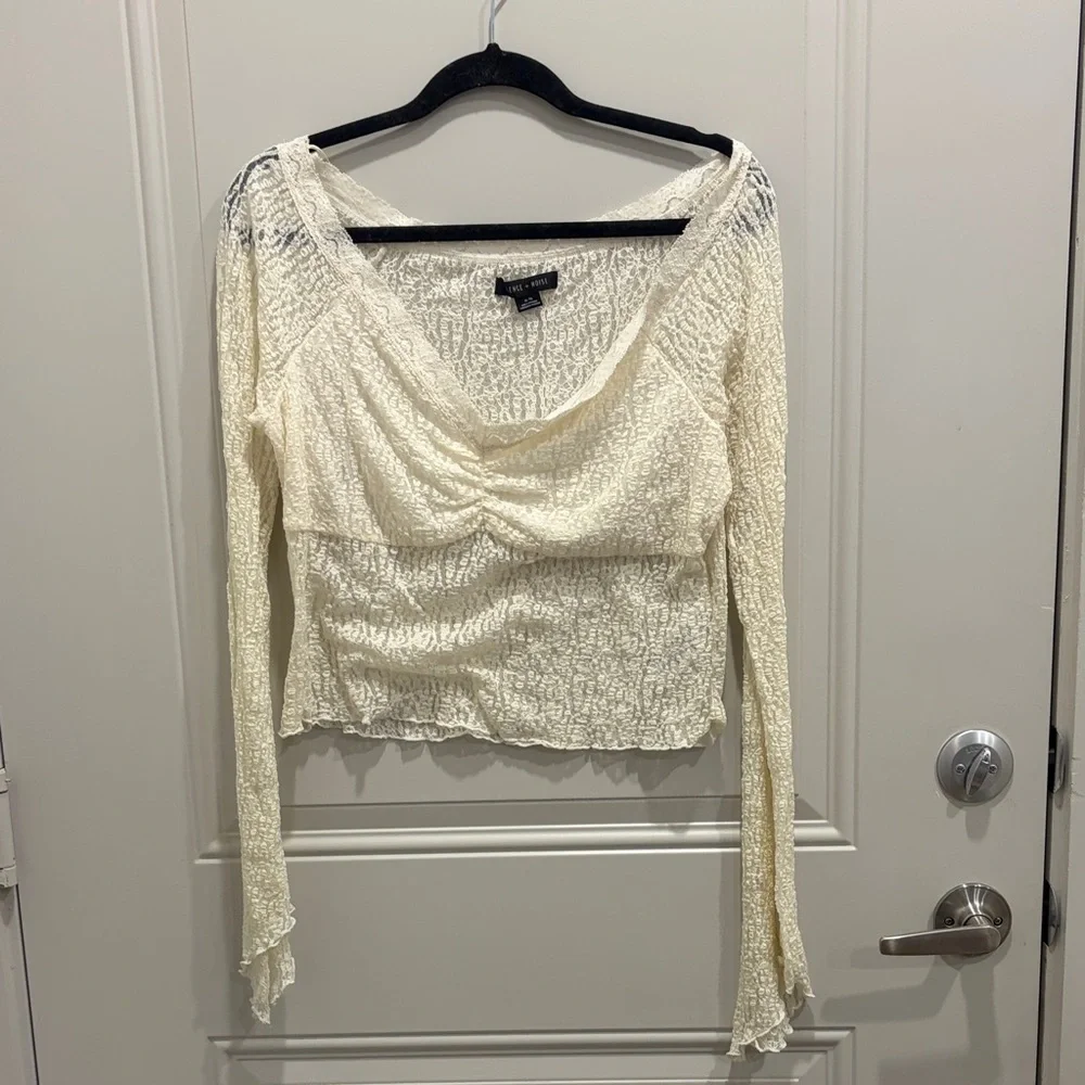 Free People Ivory Crinkled Long-Sleeve Top